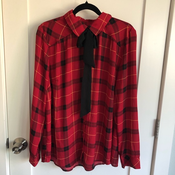 torrid Tops - Torrid Betsey Johnson tie neck chiffon blouse plaid button up collared top
